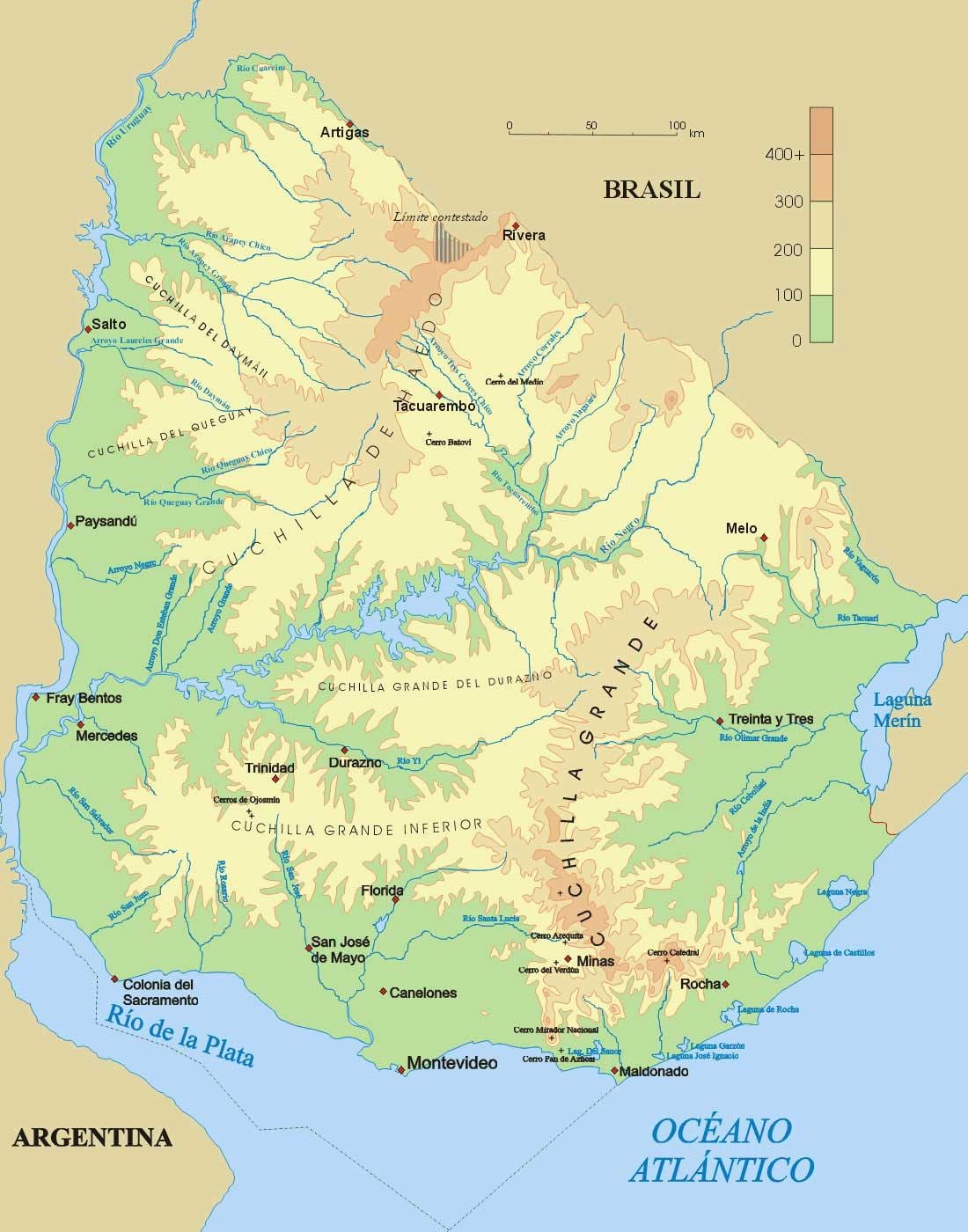 Térkép fizikai Uruguay