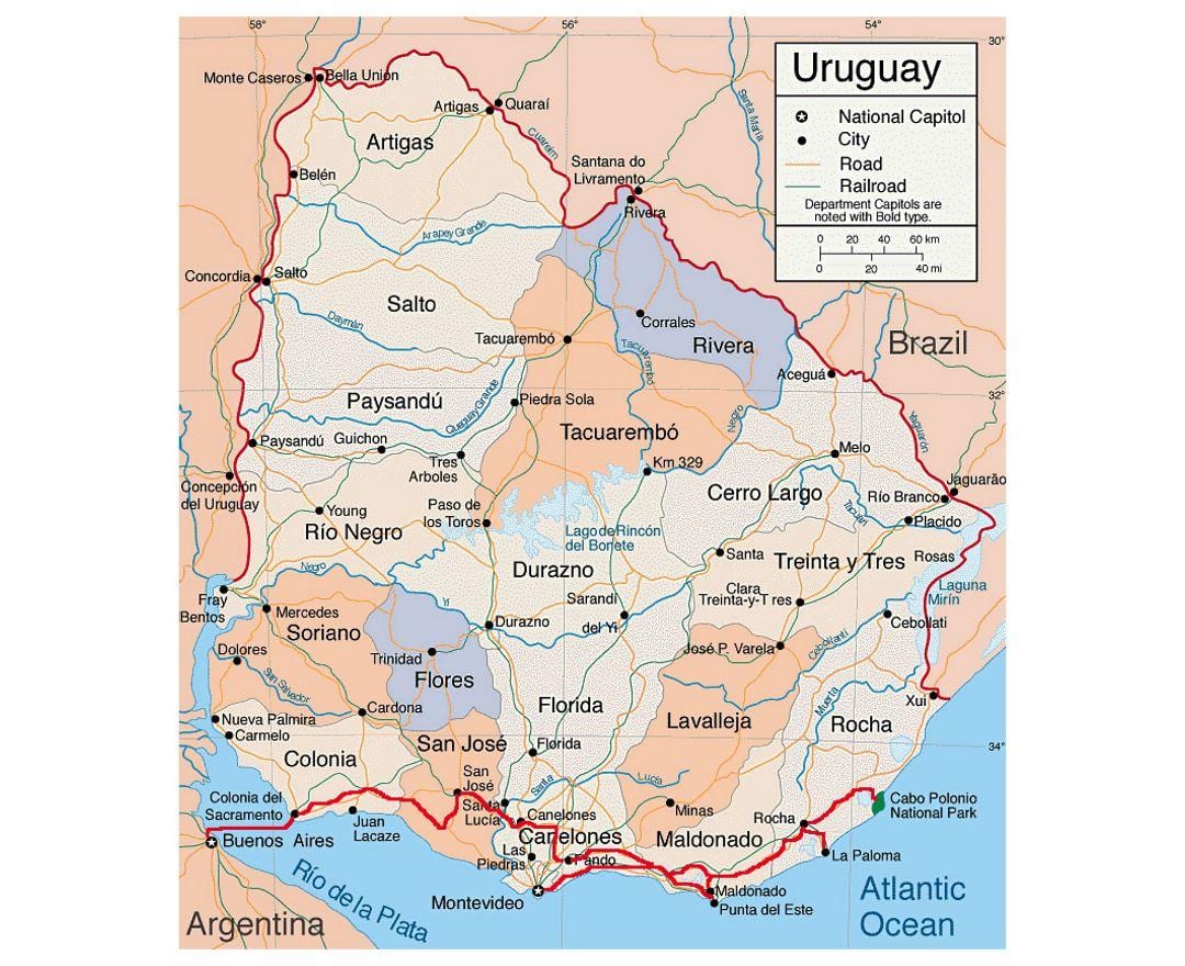 Térkép Uruguay a citie